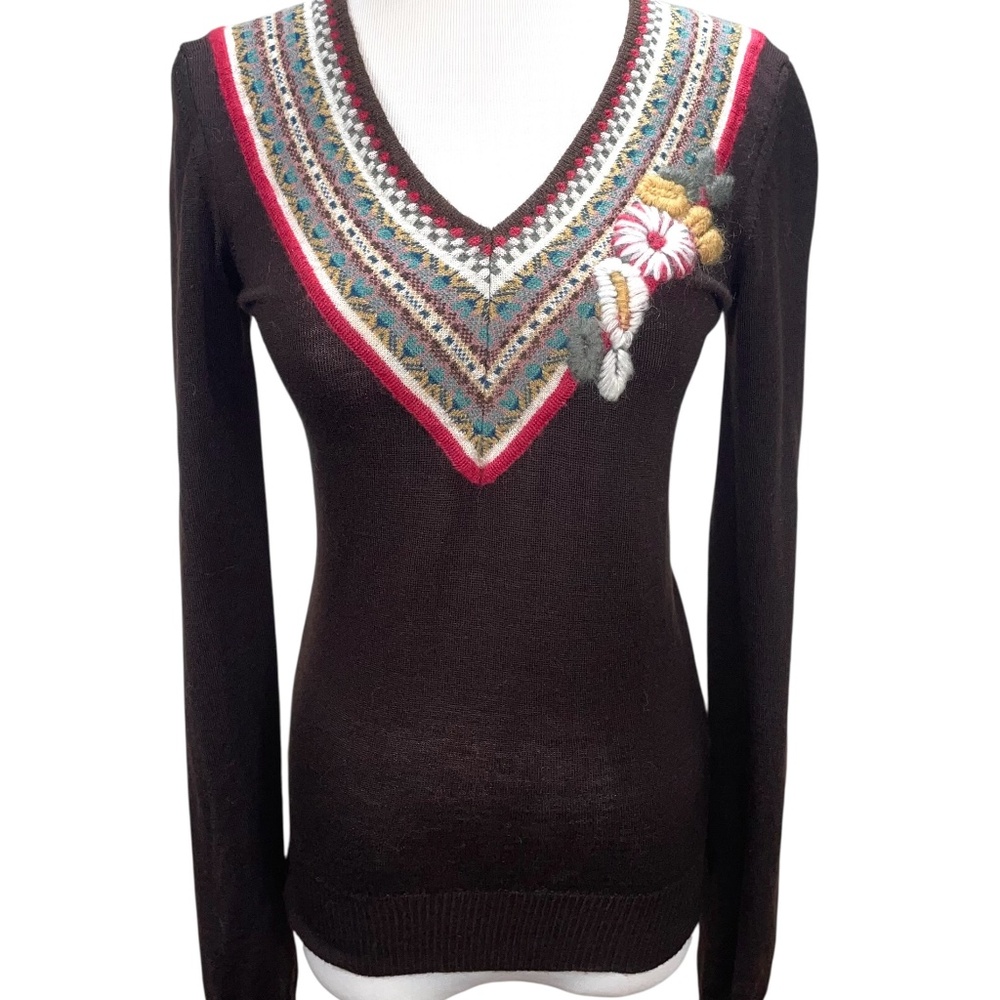 Vintage Kenzo Embroidered Sweater Med Fair Isle V-Neck Floral Appliqué Mohair